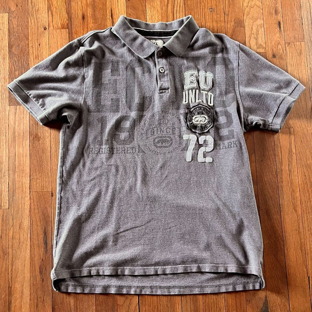 Vintage Ecko Unltd. Men's Graphic Rugby Polo Shirt (Grey) - Size L